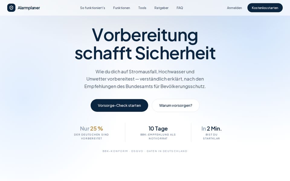 Startseite der Website von Alarmplaner